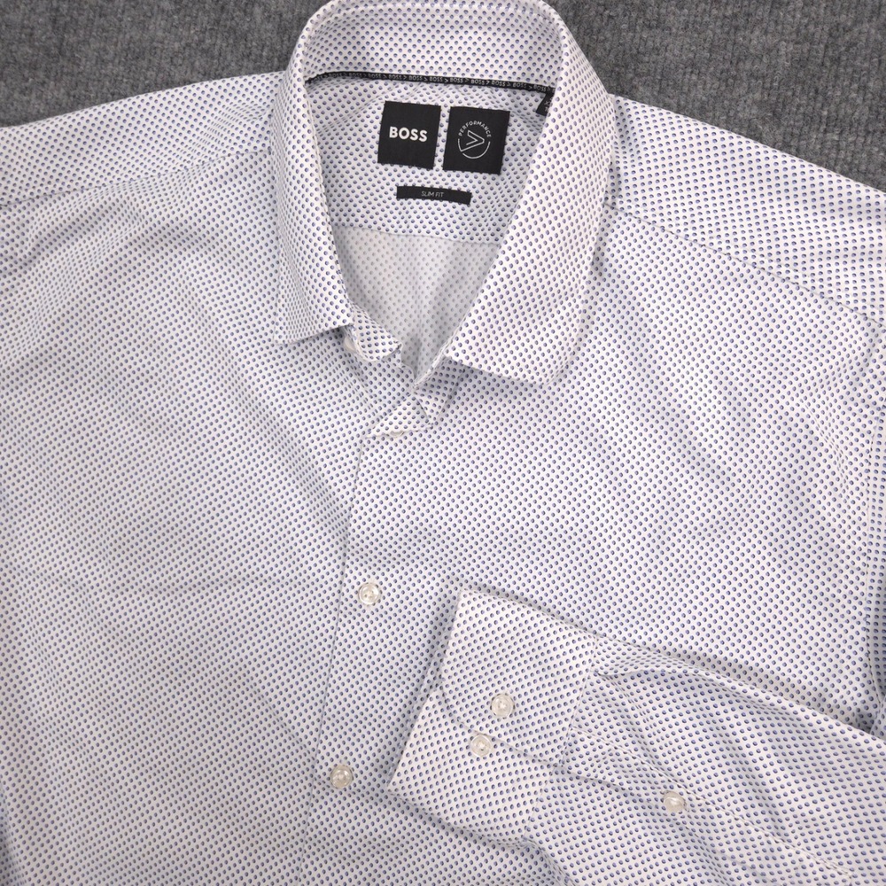 Hugo‎ Boss Hank Kent Performance Twill Dress Shirt Mens XXL Blue Geometric Slim